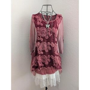 Rose-Embroidered Mauve Pink Layered Blouse